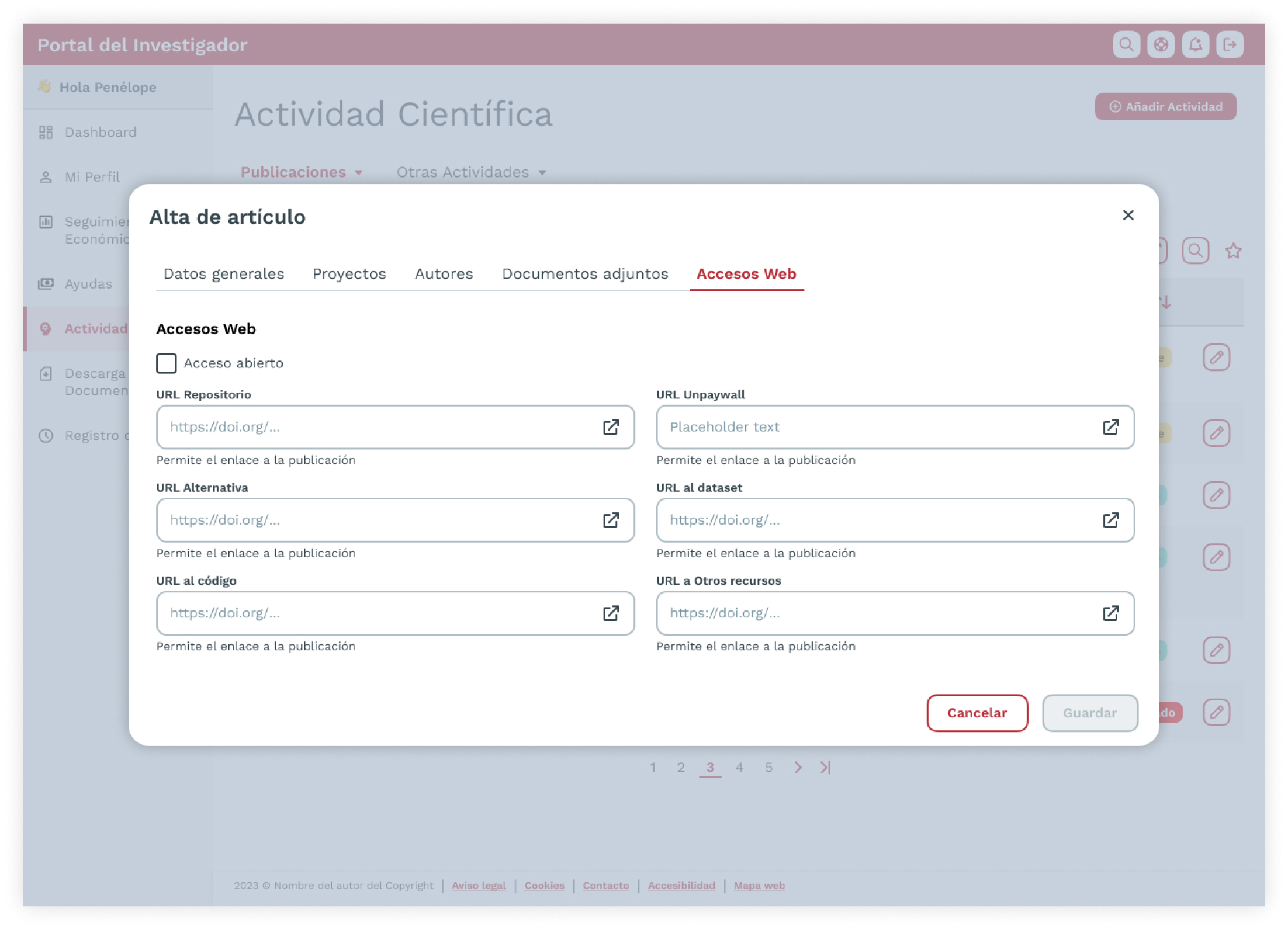Mockup del formulario modal para registrar una publicación científica