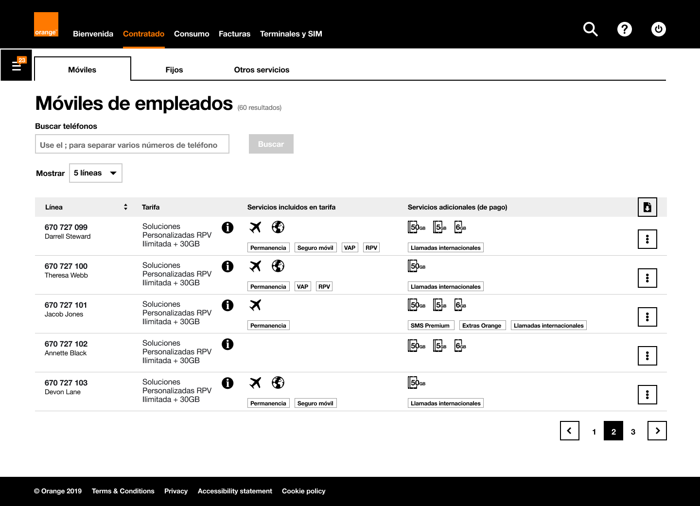 Mockup de la página de servicios contratados